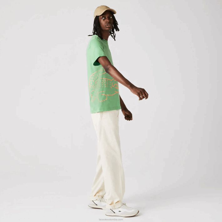 hombres Lacoste 6F24904 ttf verde camiseta de algodón orgánico con estampado de cocodrilo y cuello redondo