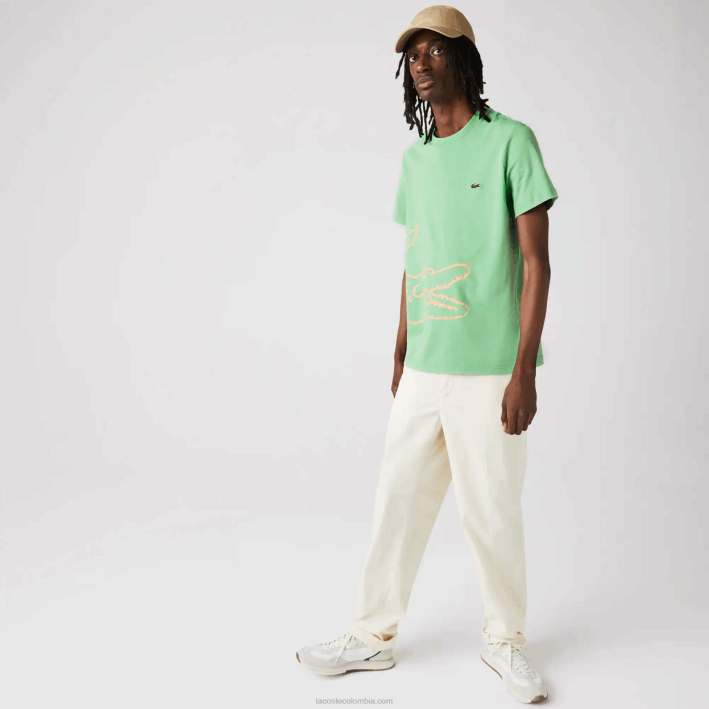 hombres Lacoste 6F24904 ttf verde camiseta de algodón orgánico con estampado de cocodrilo y cuello redondo