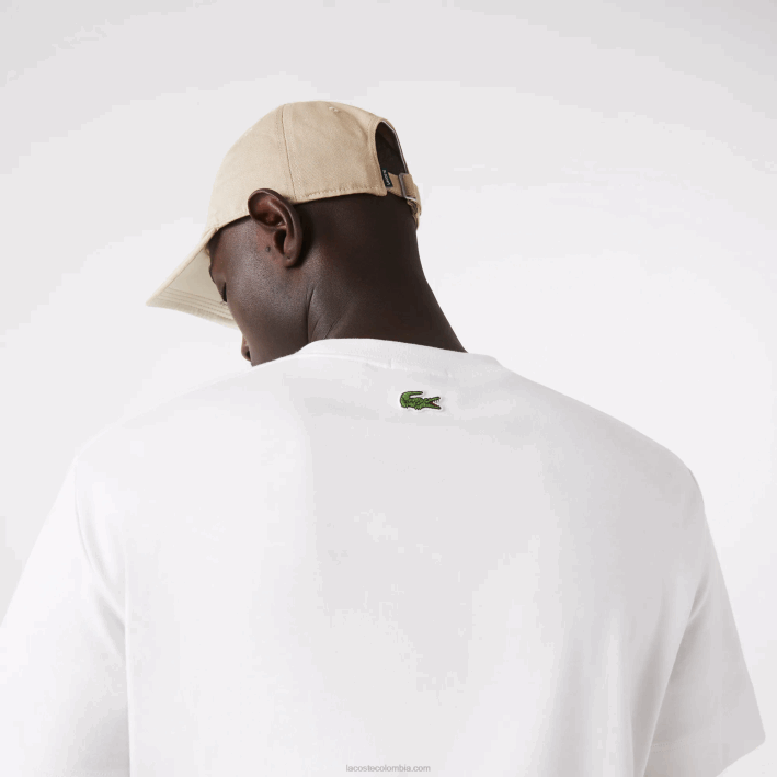 hombres Lacoste 6F24906 blanco 70v camiseta de algodón con cuello redondo y logo estampado en 3d