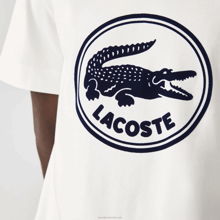 hombres Lacoste 6F24906 blanco 70v camiseta de algodón con cuello redondo y logo estampado en 3d