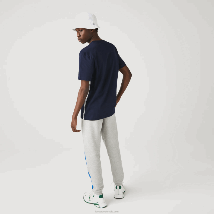 hombres Lacoste 6F24909 azul marino 166 playera con cuello redondo y bandas de la marca