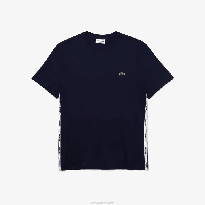 hombres Lacoste 6F24909 azul marino 166 playera con cuello redondo y bandas de la marca