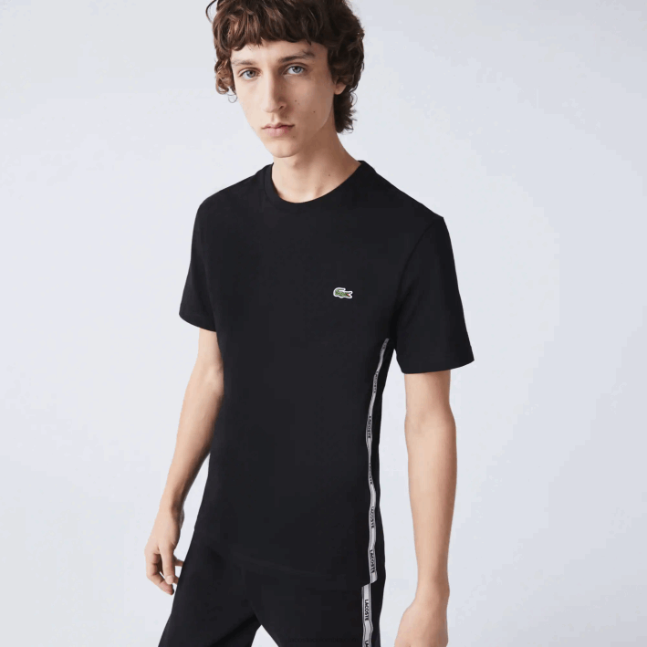 hombres Lacoste 6F24910 negro 031 playera con cuello redondo y bandas de la marca