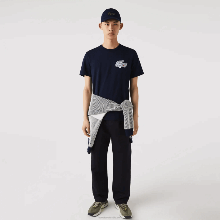 hombres Lacoste 6F24911 azul marino 166 playera Heritage con cuello redondo e insignia de cocodrilo