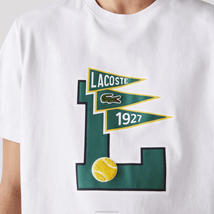 hombres Lacoste 6F24914 blanco 001 playera de algodón con insignia L y banderines de cuello redondo