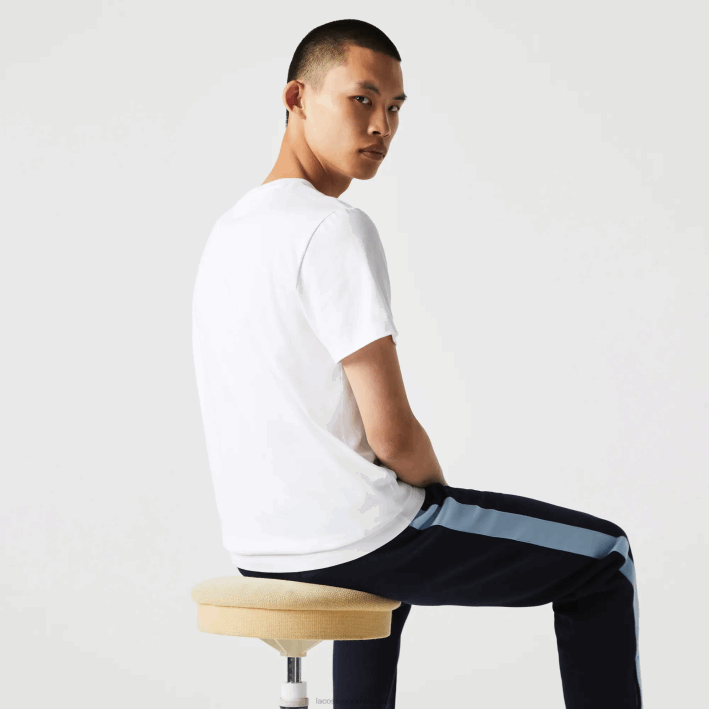 hombres Lacoste 6F24919 blanco 001 camiseta de algodón orgánico con cuello redondo y cocodrilos de colores