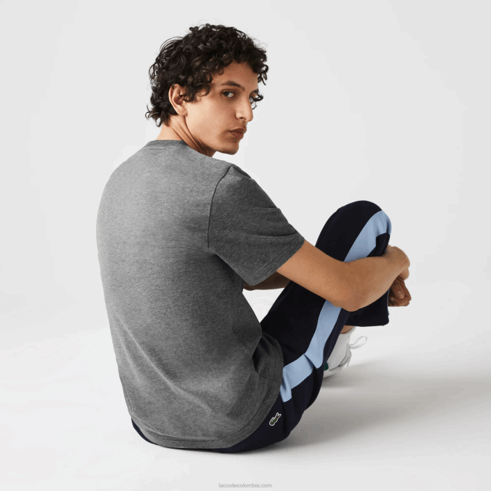 hombres Lacoste 6F24921 lomo gris 1vq camiseta de algodón orgánico con cuello redondo y cocodrilos de colores