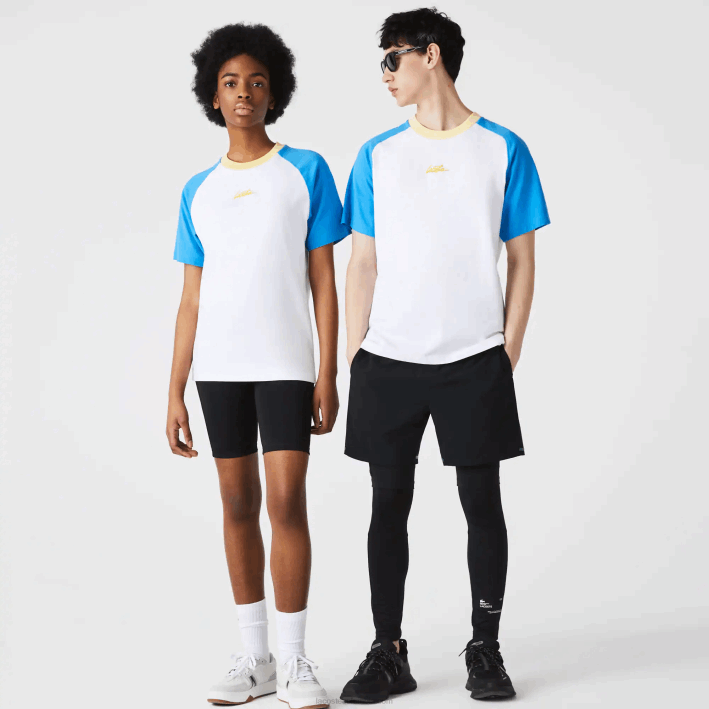 hombres Lacoste 6F24941 blanco azul amarillo d1q camiseta de algodón vivo