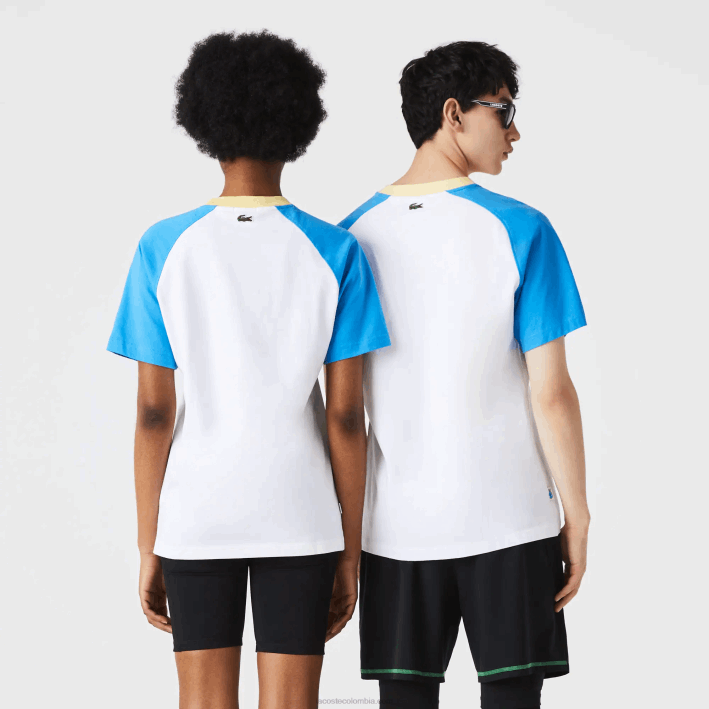 hombres Lacoste 6F24941 blanco azul amarillo d1q camiseta de algodón vivo