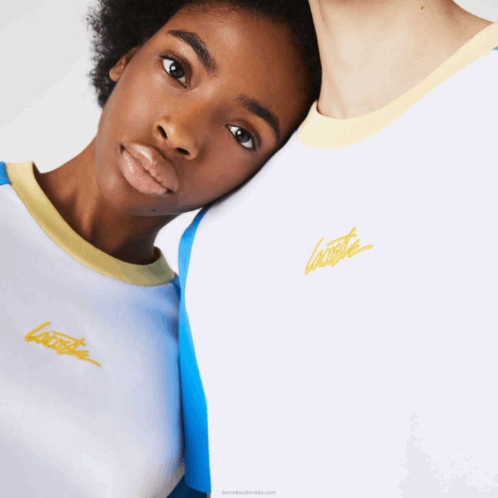 hombres Lacoste 6F24941 blanco azul amarillo d1q camiseta de algodón vivo