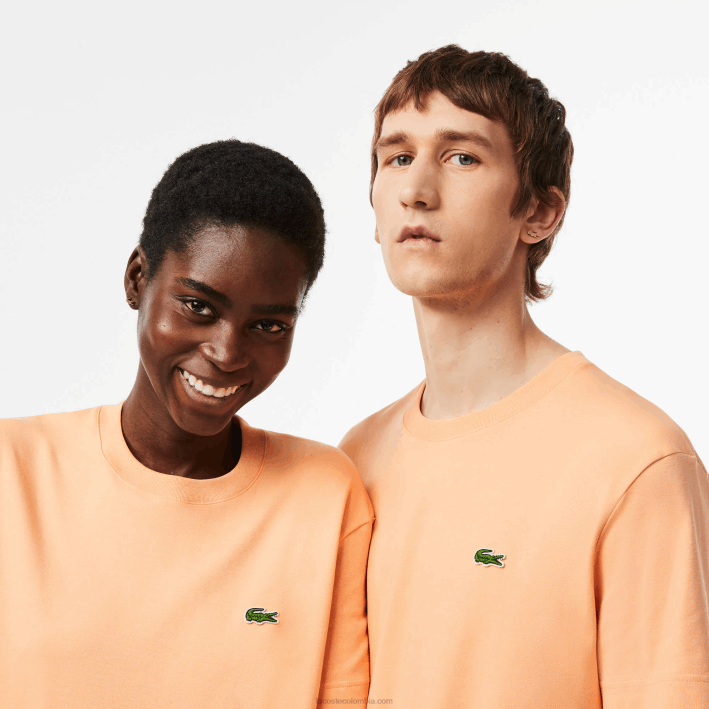 hombres Lacoste 6F2498 naranja claro heb camiseta de algodón orgánico con cuello redondo