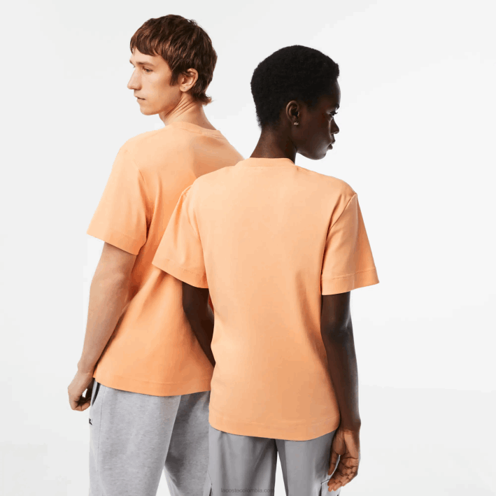 hombres Lacoste 6F2498 naranja claro heb camiseta de algodón orgánico con cuello redondo