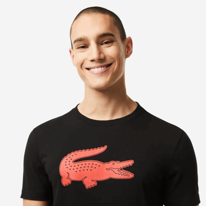 hombres Lacoste 6F2499 negro rojo bzj Camiseta deportiva de punto transpirable con estampado de cocodrilo en 3D