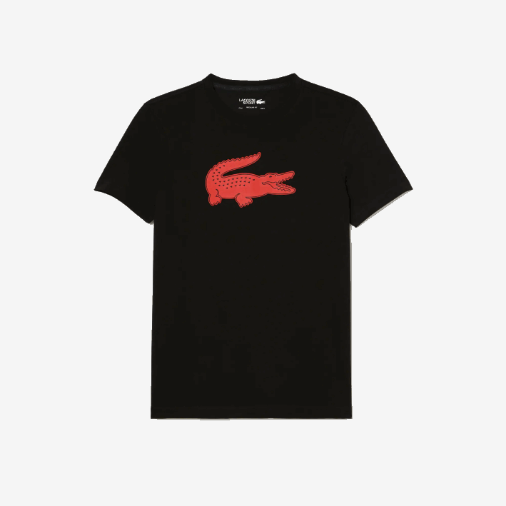 hombres Lacoste 6F2499 negro rojo bzj Camiseta deportiva de punto transpirable con estampado de cocodrilo en 3D