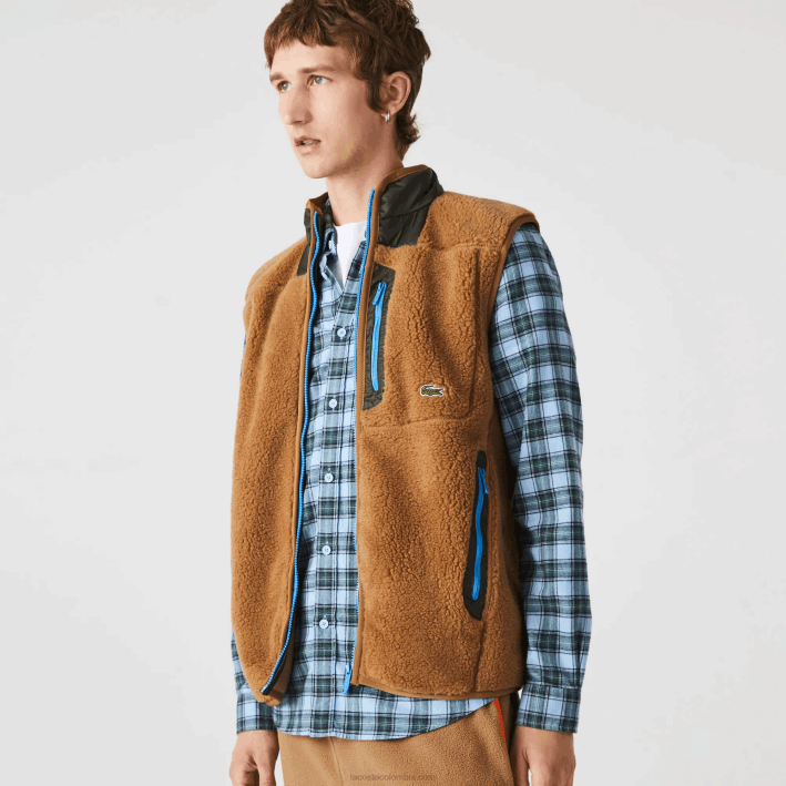 hombres Lacoste 6F241262 marrón caqui verde 89f chaleco polar sherpa