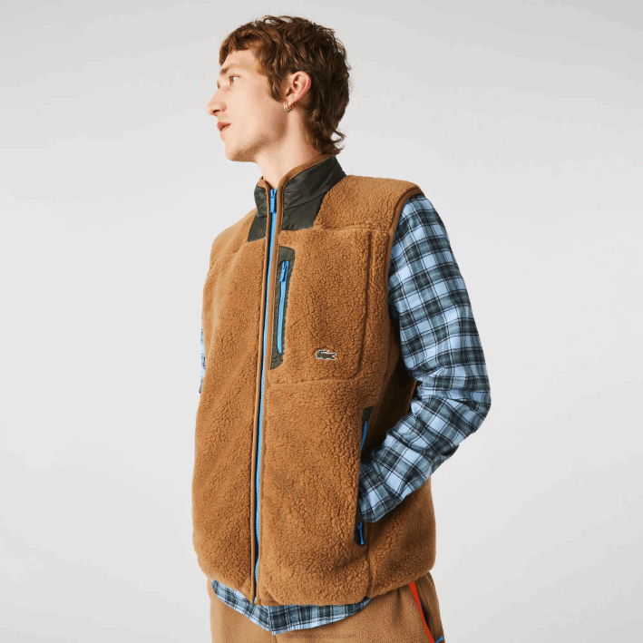 hombres Lacoste 6F241262 marrón caqui verde 89f chaleco polar sherpa