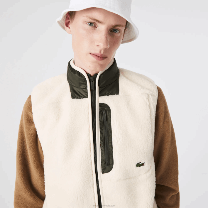 hombres Lacoste 6F241263 blanco caqui verde u9n chaleco polar sherpa