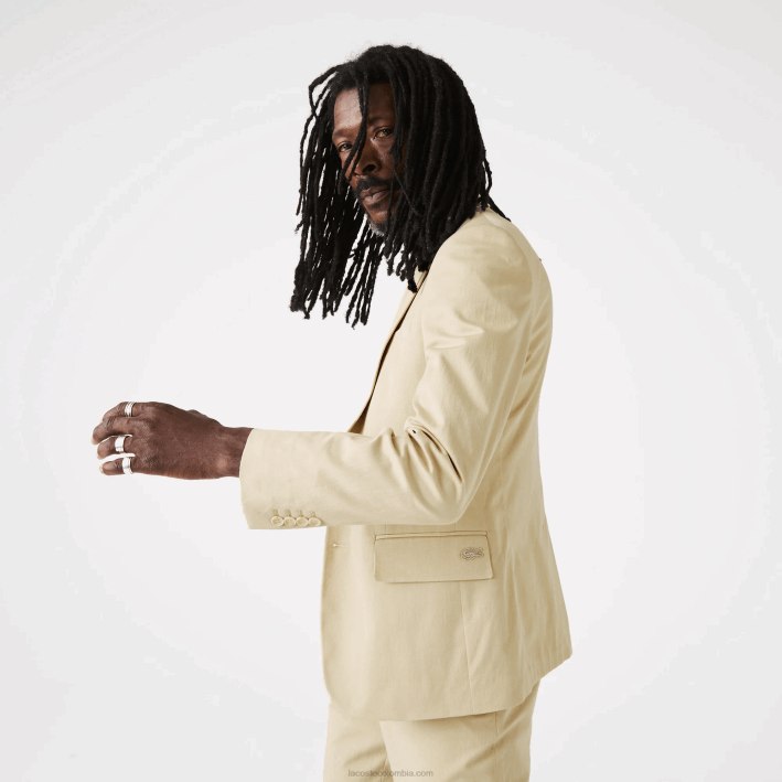 hombres Lacoste 6F241305 beige 68s blazer plisado de mezcla de algodón y lino