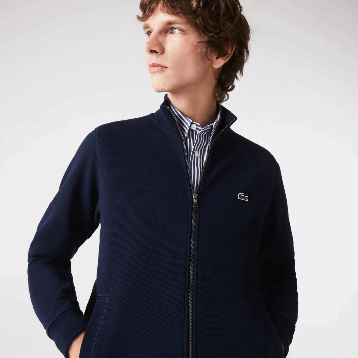 hombres Lacoste 6F241035 azul marino 166 chamarra polar de piqué con cuello alto y cremallera