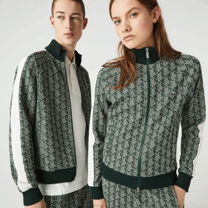 hombres Lacoste 6F241188 beige verde 7m4 chamarra live con cremallera y monograma en jacquard