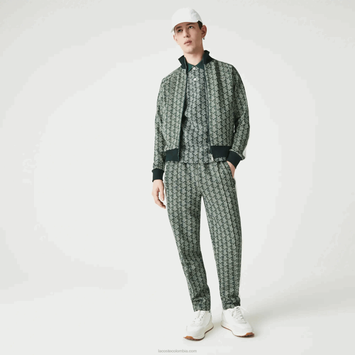 hombres Lacoste 6F241188 beige verde 7m4 chamarra live con cremallera y monograma en jacquard