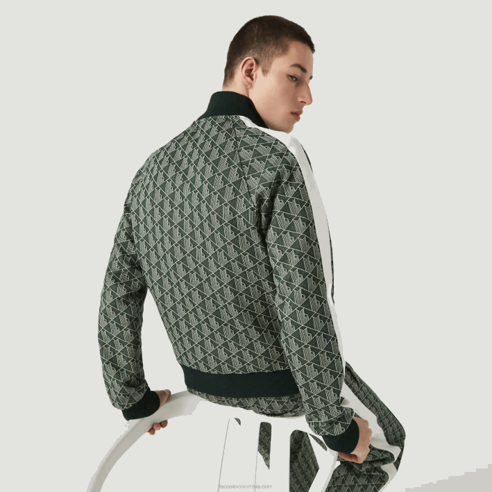 hombres Lacoste 6F241188 beige verde 7m4 chamarra live con cremallera y monograma en jacquard