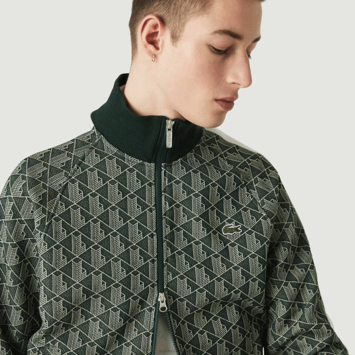 hombres Lacoste 6F241188 beige verde 7m4 chamarra live con cremallera y monograma en jacquard