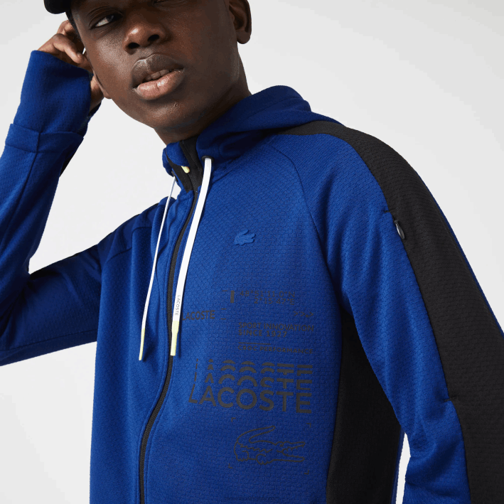 hombres Lacoste 6F241191 azul negro blanco pwh chamarra deportiva con capucha y banda en contraste