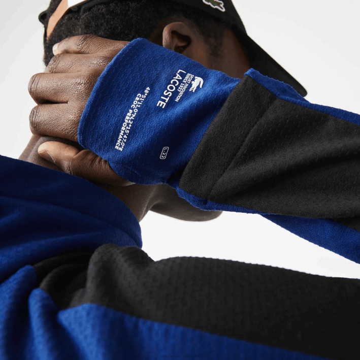 hombres Lacoste 6F241191 azul negro blanco pwh chamarra deportiva con capucha y banda en contraste