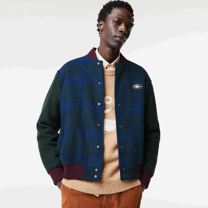 hombres Lacoste 6F241220 azul marino verde negro azul v48 chamarra universitaria con logo en la espalda