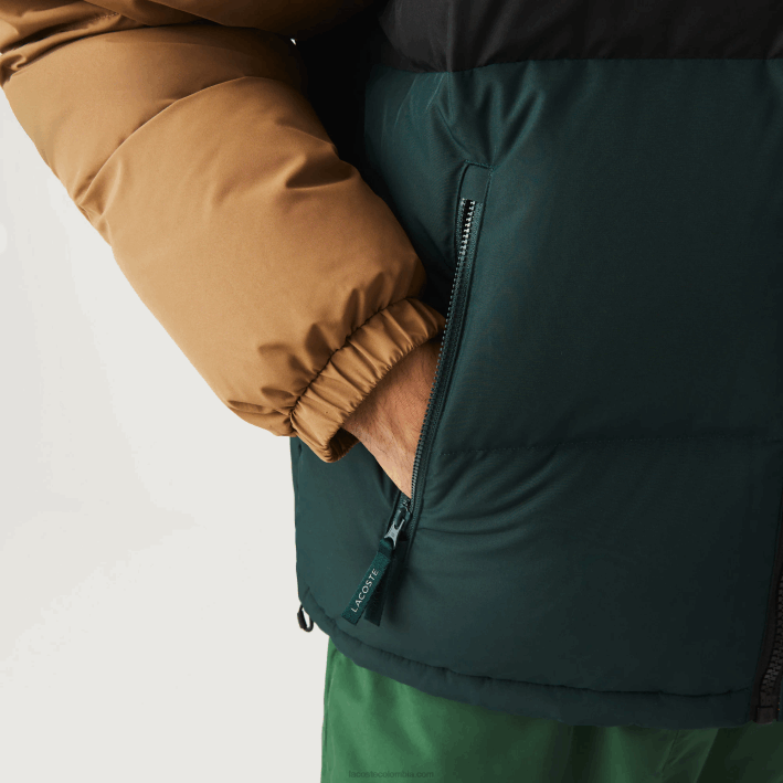 hombres Lacoste 6F241227 marrón negro verde tpv chaqueta acolchada repelente al agua con bloques de color