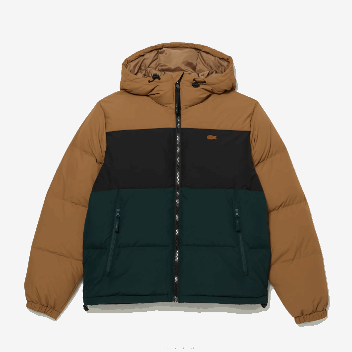 hombres Lacoste 6F241227 marrón negro verde tpv chaqueta acolchada repelente al agua con bloques de color