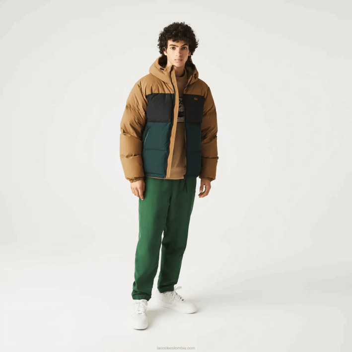 hombres Lacoste 6F241227 marrón negro verde tpv chaqueta acolchada repelente al agua con bloques de color