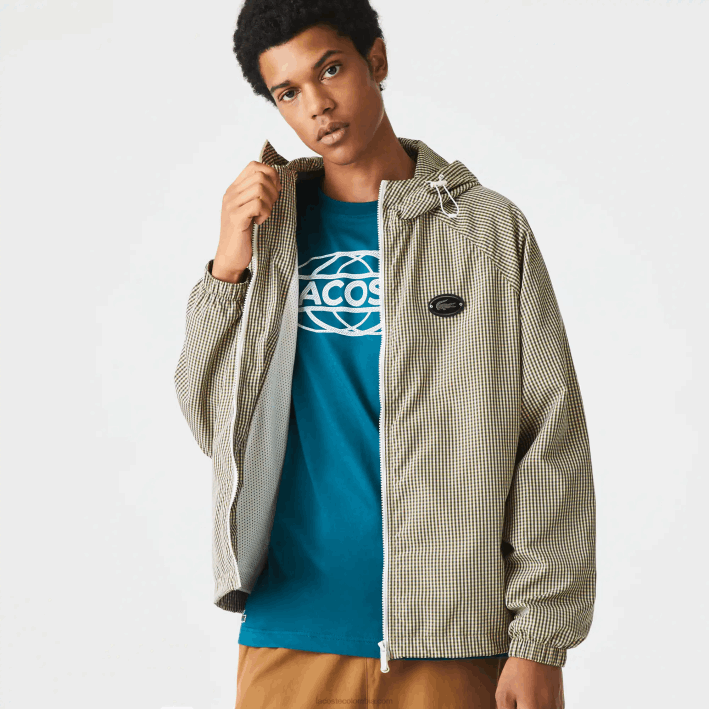 hombres Lacoste 6F241232 beige marino blanco caqui verde 87e chamarra de sarga a cuadros con capucha