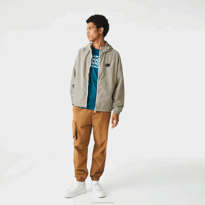 hombres Lacoste 6F241232 beige marino blanco caqui verde 87e chamarra de sarga a cuadros con capucha