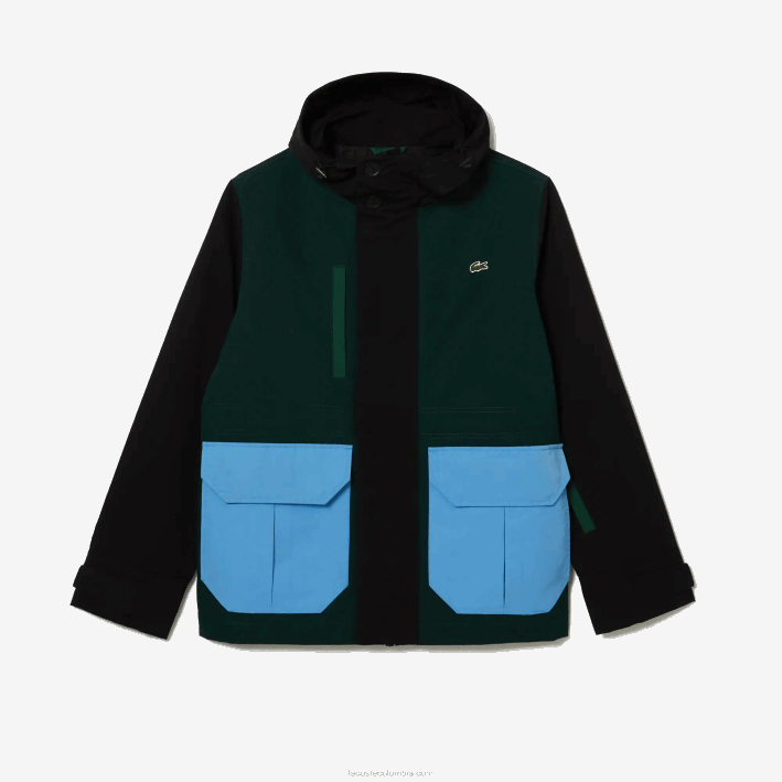 hombres Lacoste 6F241247 negro azul verde ndn chamarra de sarga con bloques de color repelente al agua