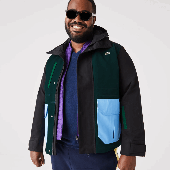 hombres Lacoste 6F241247 negro azul verde ndn chamarra de sarga con bloques de color repelente al agua