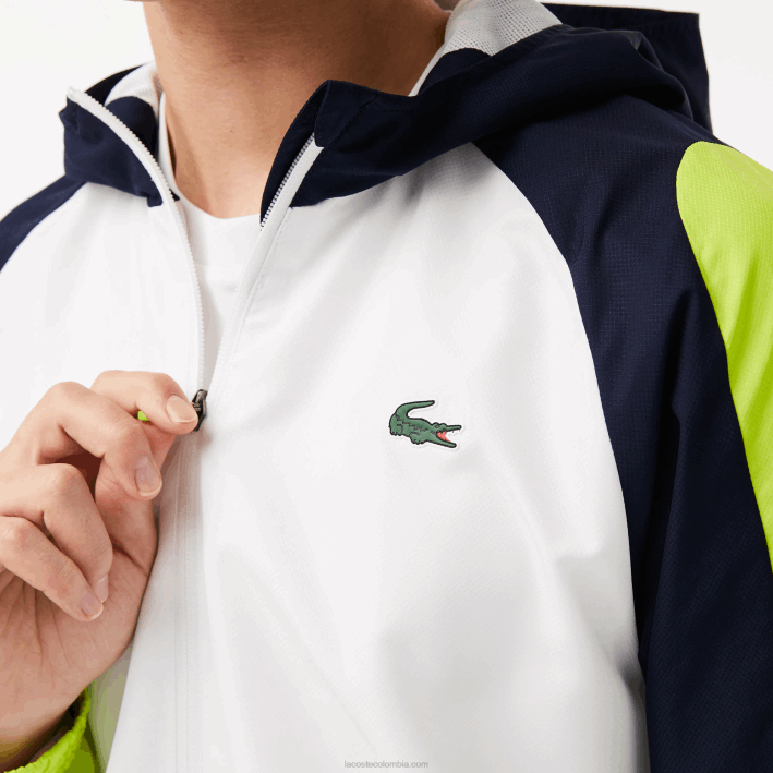 hombres Lacoste 6F241274 blanco azul marino amarillo 6f5 chamarra de tenis sport con bloques de color