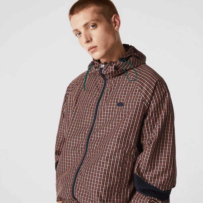 hombres Lacoste 6F241278 azul marino blanco qrn chamarra live a cuadros con cremallera y capucha