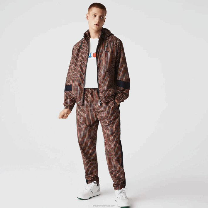 hombres Lacoste 6F241278 azul marino blanco qrn chamarra live a cuadros con cremallera y capucha