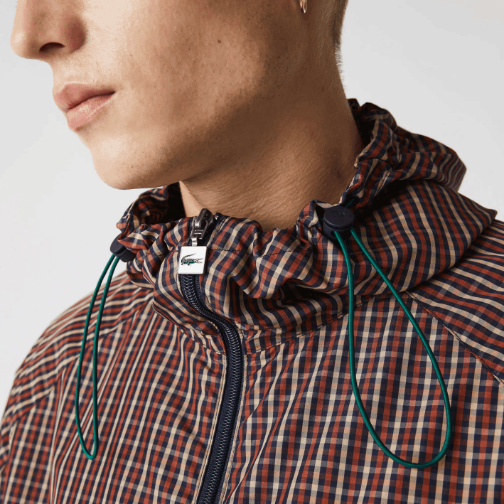 hombres Lacoste 6F241278 azul marino blanco qrn chamarra live a cuadros con cremallera y capucha