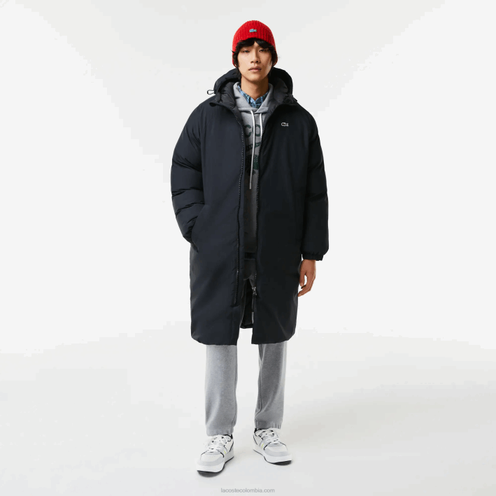 hombres Lacoste 6F241294 negro 031 chaqueta acolchada larga con inscripción de la marca
