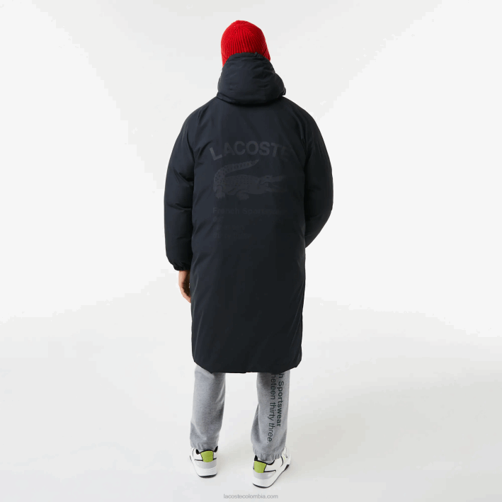 hombres Lacoste 6F241294 negro 031 chaqueta acolchada larga con inscripción de la marca