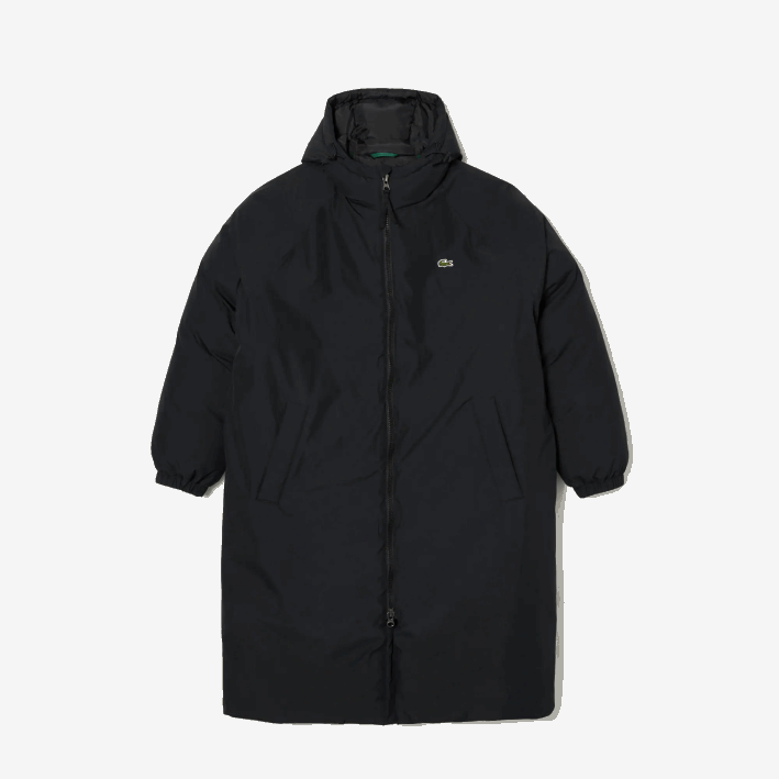 hombres Lacoste 6F241294 negro 031 chaqueta acolchada larga con inscripción de la marca