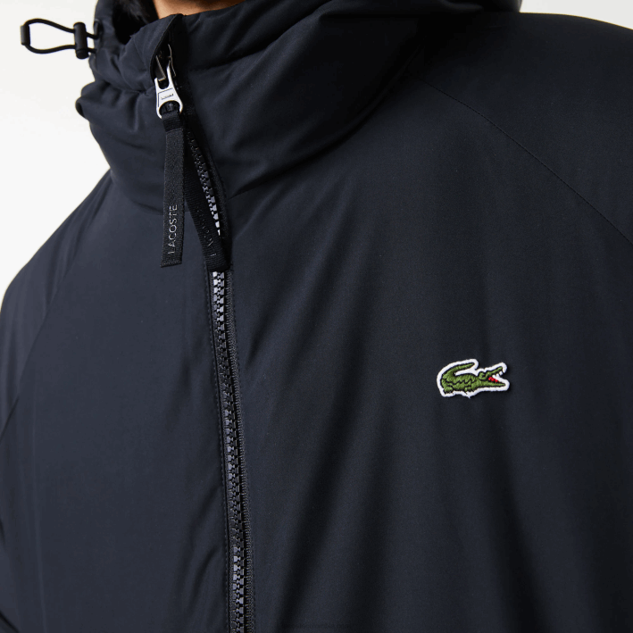 hombres Lacoste 6F241294 negro 031 chaqueta acolchada larga con inscripción de la marca