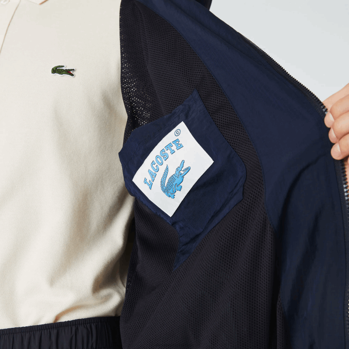 hombres Lacoste 6F241315 azul marino 5fs chamarra con cremallera y bloques de colores con logo gráfico en vivo