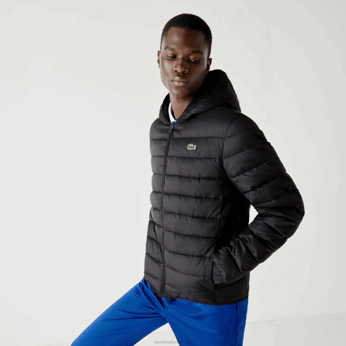 hombres Lacoste 6F241319 negro c31 chamarra acolchada resistente al agua con capucha deportiva