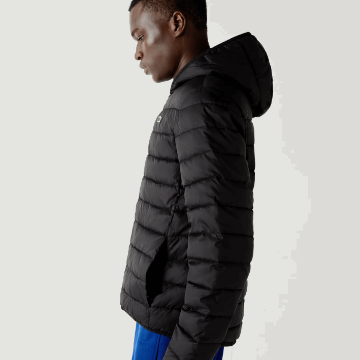 hombres Lacoste 6F241319 negro c31 chamarra acolchada resistente al agua con capucha deportiva