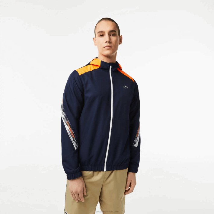 hombres Lacoste 6F24379 azul marino naranja blanco ag4 chamarra de tenis con capucha de poliéster reciclado