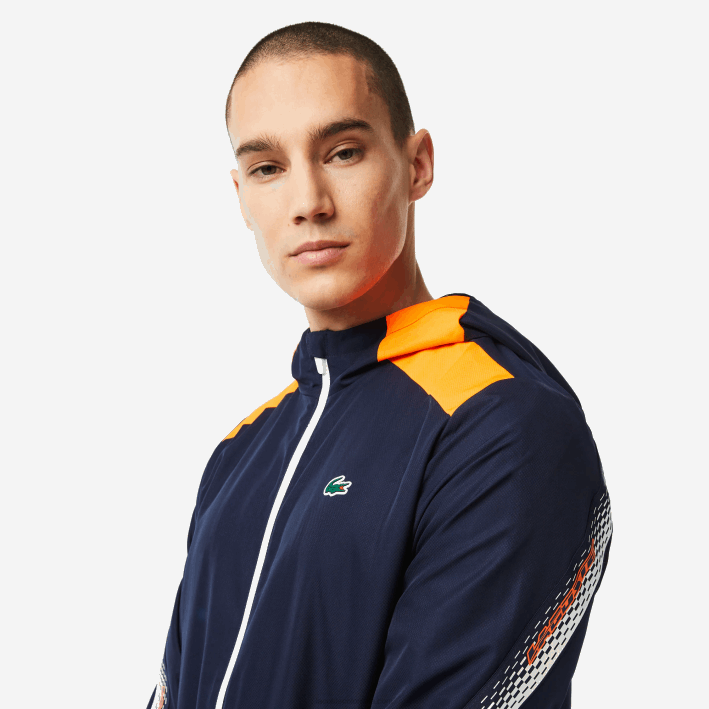 hombres Lacoste 6F24379 azul marino naranja blanco ag4 chamarra de tenis con capucha de poliéster reciclado